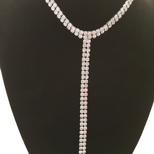Silver Color 2 Row Cupchain Y-Necklace W/Clear Rhine Stones Length: 12"+3.5" Extension+8.5" Pendant