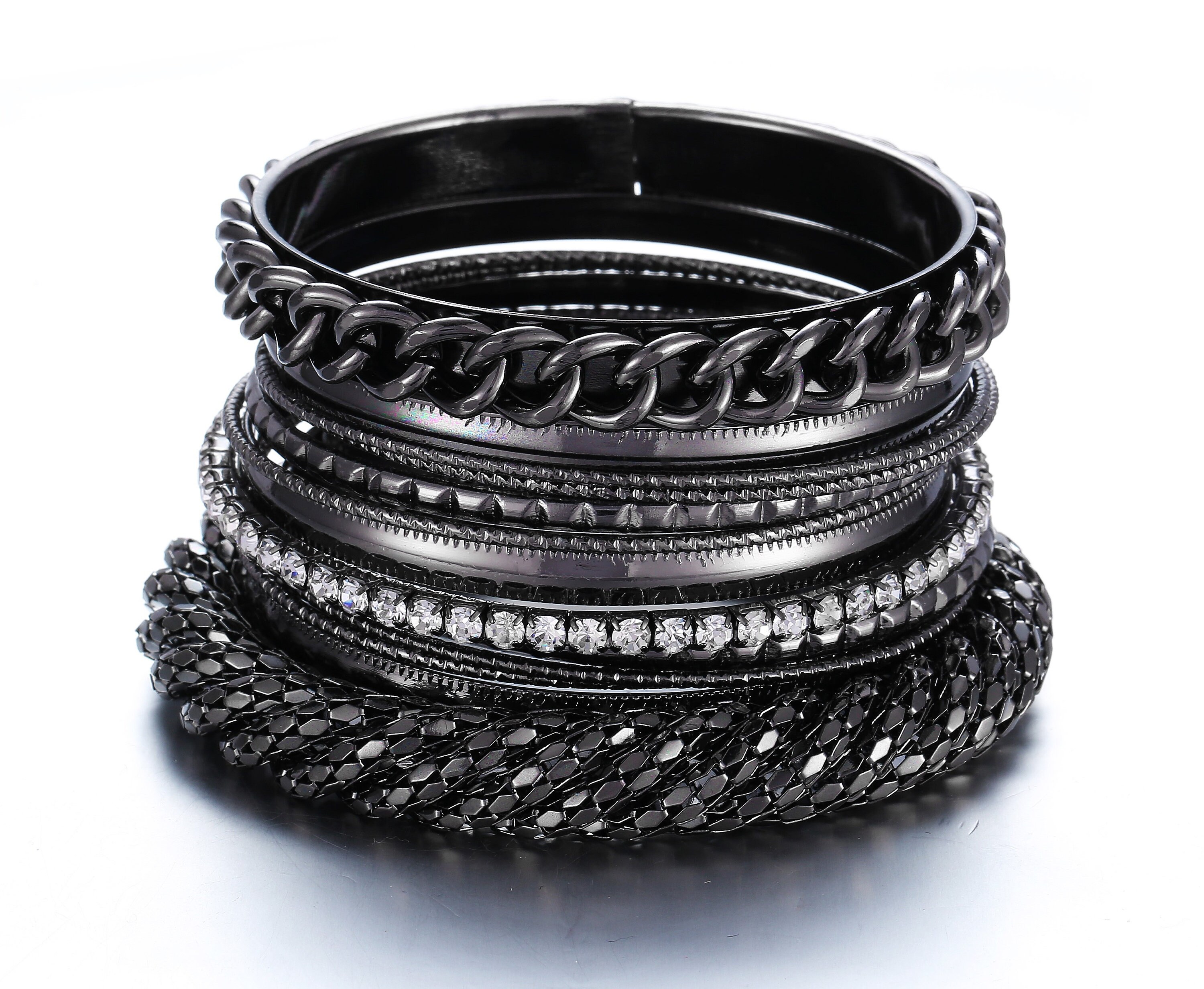 Indian African Vintage Multiple Metal Bangle Bracelets Set 12pcs set Silver Color and Gunmetal Color Bangles W clear Rhinestones Etsy