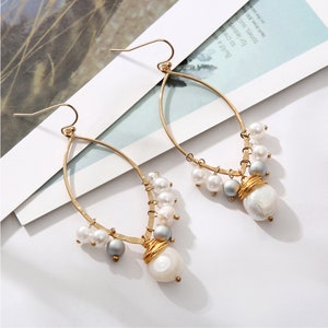 Freshwater Pearl Beads Cluster Gold Ear Wire Oval Shape Earrings, Baroque Pearl Earring, Bridal/Bridesmaid/Wedding Earrings, Jewelry Gift