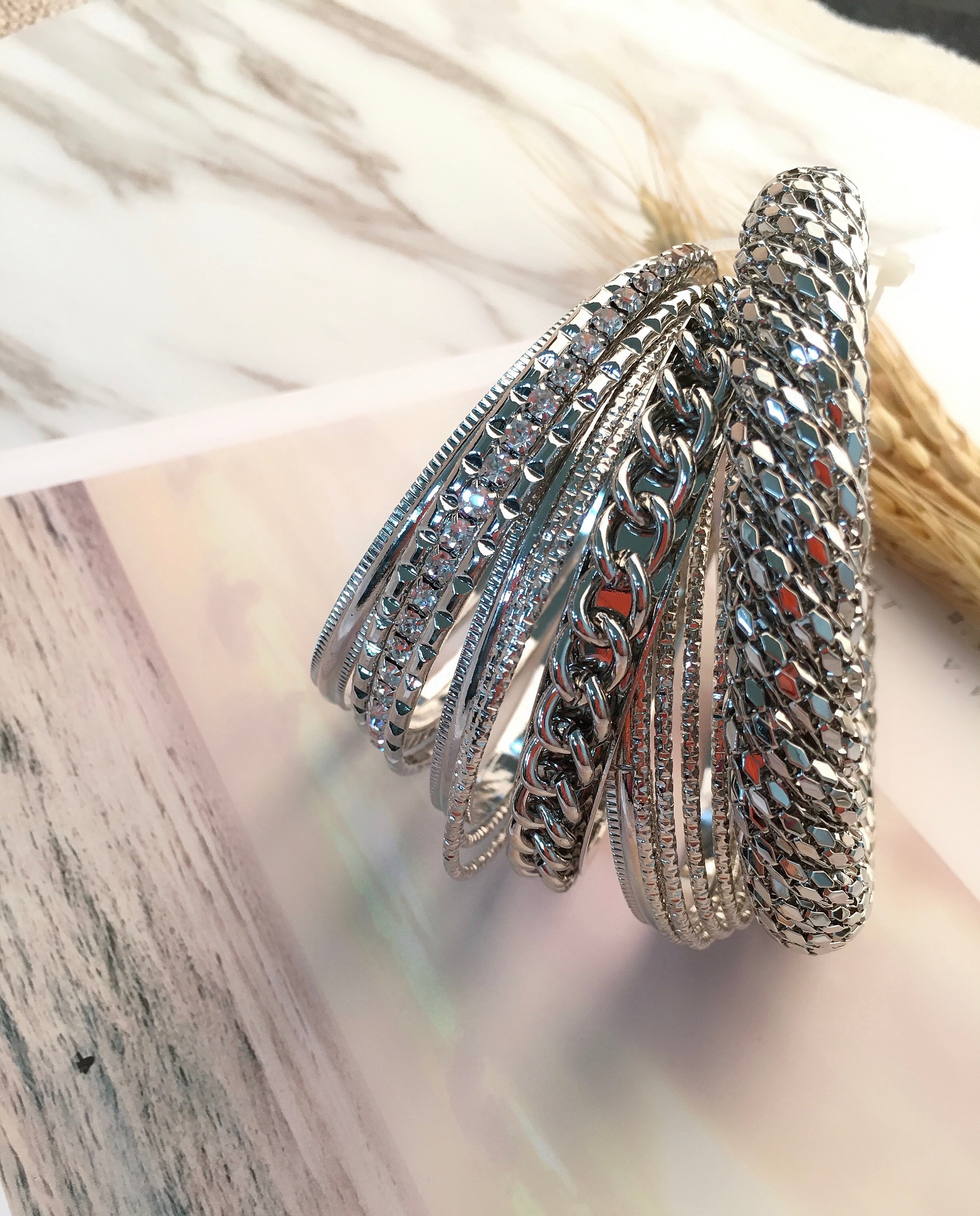 Vintage Silver Tone Bangle Set: Rhinestone Metal Bracelets (12 Pcs 
