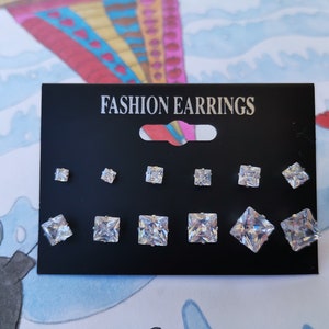 Square Cubic Zirconia Stud Earrings Set - Stainless Steel Posts