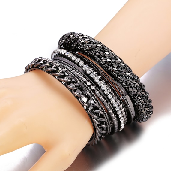 Vintage Silver Tone Bangle Set: Rhinestone Metal Bracelets