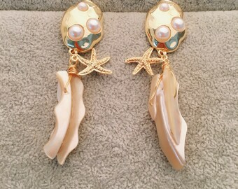 Gold Pearl Shell Dangle Earrings: Bridesmaid Jewelry