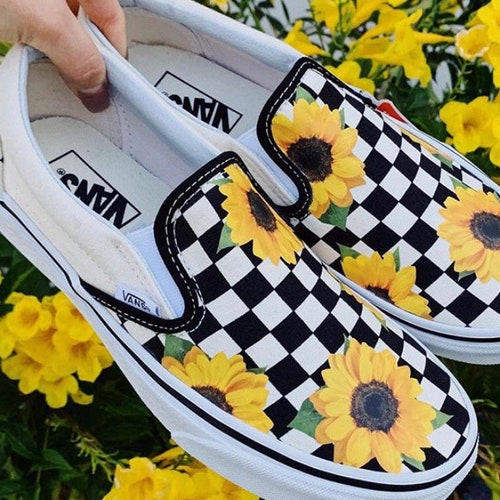 vans checkered shoes with sunflowers