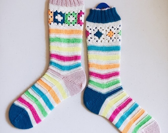 Grannies-in-a-Row Socks knitting pattern. PDF file. Instant digital download ONLY.