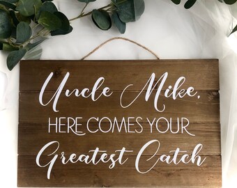 Personalized felt wedding sign Here comes your greatest catch Ring Bearer aisle sign Ring Security felt banner