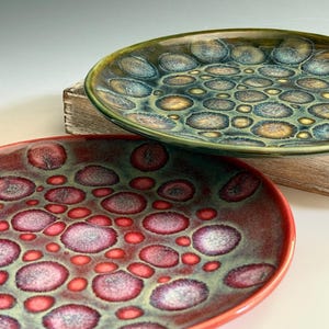 Set of 2 Handmade Matching Ceramic Dinner Plates with Pink and Yellow Unique Modern Colorful Circle Glazes, Artistic Vintage Inspired Look