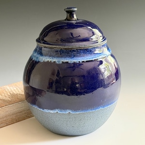 Handmade Blue Speckled Stoneware Lidded Jar with Fancy Knob, Finial and Reactive Drippy Glaze Pottery for Cookies, Treats, Coffee or Tea