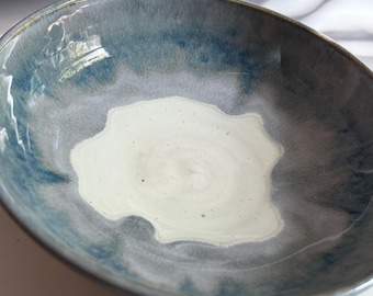 Handmade Wheel-thrown Teal Blue Emerald Green Porcelain Large Bowl with Drippy Glazed Center with Ridged Foot. Unique Serving Bowl