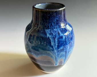 Handmade Blue Drippy Porcelain Ceramic Vase with Pale Blue Interior, Straight Wide Rim, Slight Angular Shoulder and Narrow Base