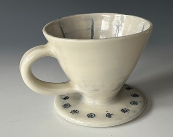 Handmade Ceramic Porcelain Pourover for Drip Coffee Wheel-thrown Hand Stamped Ginkgo Leaf and Swirls Slow-Drip Coffee Maker