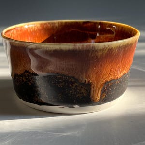 Handmade Slip Cast Porcelain Small Bowl with Temmuko and Amber Fire Drippy Glaze. For Garnish Salt Spices, Ramekin, Kitchenware. Altar Dish