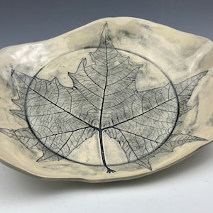 Ceramic Handmade Round Porcelain Leaf Plate with Sycamore Leaf Impression Organic Design, Centerpiece, Nature Inspired Decor