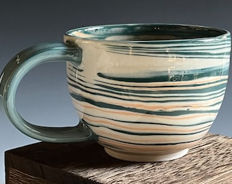 Ceramic Marbled Agateware Mug with Large  Handle for Tea, Coffee Cup with Peacock, Green, Orange Colored Clay, Geode Pottery 10oz capacity