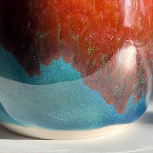 Handmade Wheel-thrown Gorgeous Emerald Green Scotch Pine and Burnt Orange Drippy Glazed Porcelain Mug. Unique and Unusual Cup Big Handle 9oz