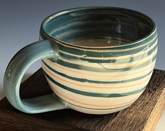 Ceramic Marbled Agateware Mug with Large  Handle for Tea, Coffee Cup with Peacock, Green, Orange Colored Clay, Geode Pottery 8oz capacity