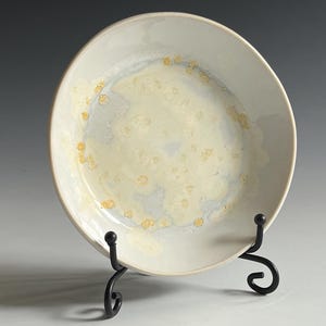 Small Ceramic Porcelain Shallow Saucer Dish with Creamy White Crystalline Glaze for Kitchen Salt, Spices, Crystals, or Altar Offering Plate