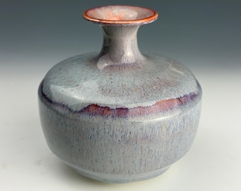 Wheel-thrown Speckled Stoneware Bottle with Wide Rim and Small Neck, Glazed in Purple, Gray and Peach. Liquor or Oil Pourer, Short Wide Vase