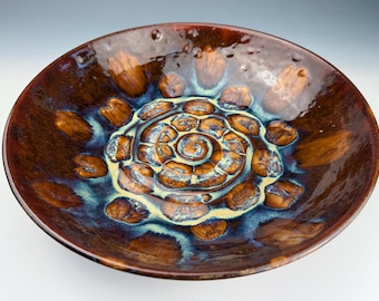 Handmade Wheel-thrown Teal Blue Emerald Green Porcelain Large Bowl with Drippy Glazed Center with Ridged Foot. Unique Serving Bowl