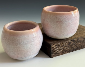 Handmade Pink Pair of Pottery Porcelain Espresso Cups, Teacup Set, Toothpick or Matchstick Holder. Whiskey Tumblers Strong Foot, 4oz cap