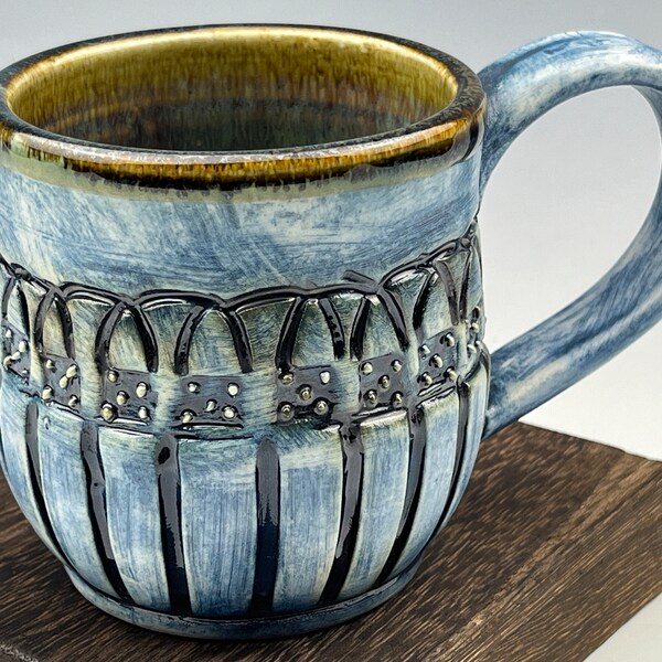 Handmade Blue Interactive Glazed Porcelain Coffee Mug with Dotted Textural Carved Design and Drippy Inside. Unique and Unusual Cup 8 oz