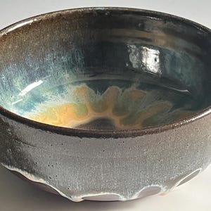 Handmade Wheel-thrown Red Stoneware Raw Edge Pottery, Deep Wide Serving Bowl, Yellow Blue Green Glaze with Drips, Ocean Beach or Home Decor