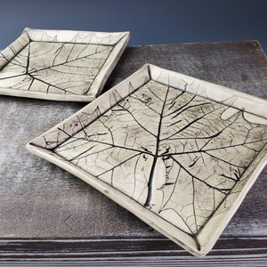 Handmade Ceramic Porcelain Leaf Plate Set of Two. Large and Small Nesting Dinnerware Handpressed Square Dishes with Sycamore Leaf Impression