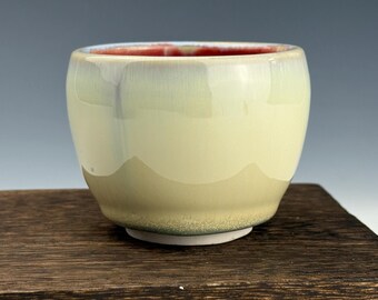 Small Handmade Porcelain Cup with Cappuccino Cream and Mint Glaze and Rasberry Interior. Espresso, Saki, Liquor Shooter or Toothpick Holder
