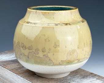 Small Handmade Cappuccino and Mint Crystalline Speckled Clay Vase, Wide Mouth Rim, Round Belly and Small Foot. Teal Interior for Home Decor