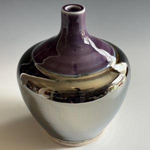 Beautiful Handmade Silver Metallic and Purple Glazed Long Necked Wide Belly Decorative Vessel, Ceramic Flower Bud Vase Magical Centerpiece