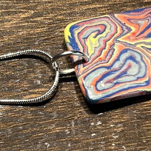 Handcrafted Colorful Nerikomi Porcelain Pendant Necklace, Marbled Agateware Clay Trippy Psychedelic Bold Pattern, 20 inch Silver Chain