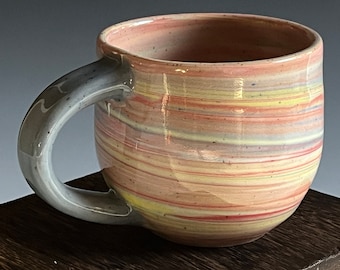 Ceramic Marbled Agateware Mug with Delicate Handle for Tea, Coffee Cup with Peacock, Green, Orange Colored Clay, Geode Pottery