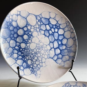 Handmade Pair of Ceramic Porcelain Dinner Plates with Royal Blue Bubble Glaze Rounded Edge Contemporary Tableware, Unique Dinnerware 8.5 in