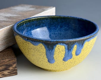 Handmade Wheel-thrown Stoneware Porcelain Bowl with Drippy Blue Glaze. Serving or Centerpiece, Unique Kitchen or Tableware. Artisan Pottery