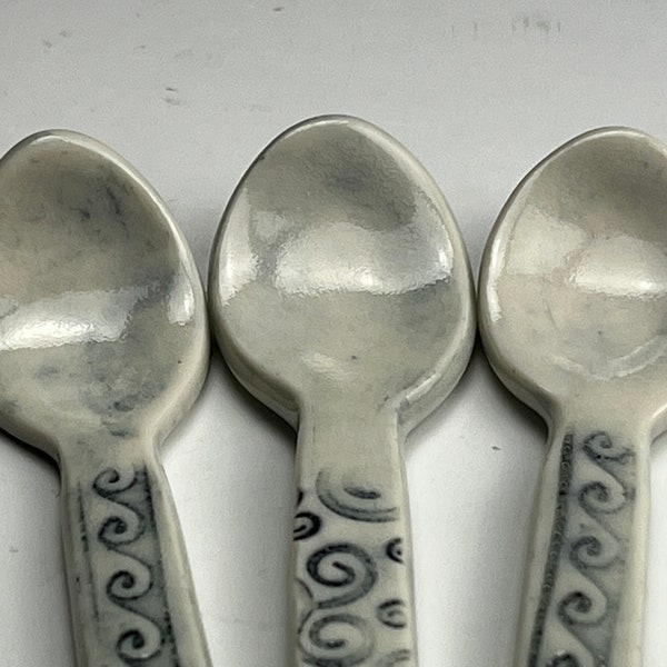 Handmade Ceramic Porcelain Spoon for Dessert, Sauce, Cereal, Sugar, Condiments. Ocean Waves Stamped Handle, Swirls Filigree, Textured Handle