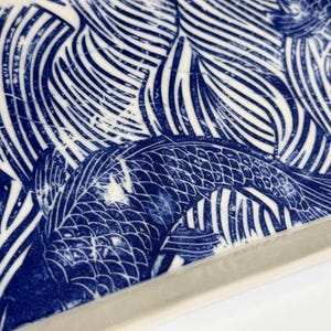 Handmade Rectangular Ceramic Serving Platter with Asian Inspired Blue Waves and Coy Design. Modern Pottery for Contemporary Entertaining immagine 5