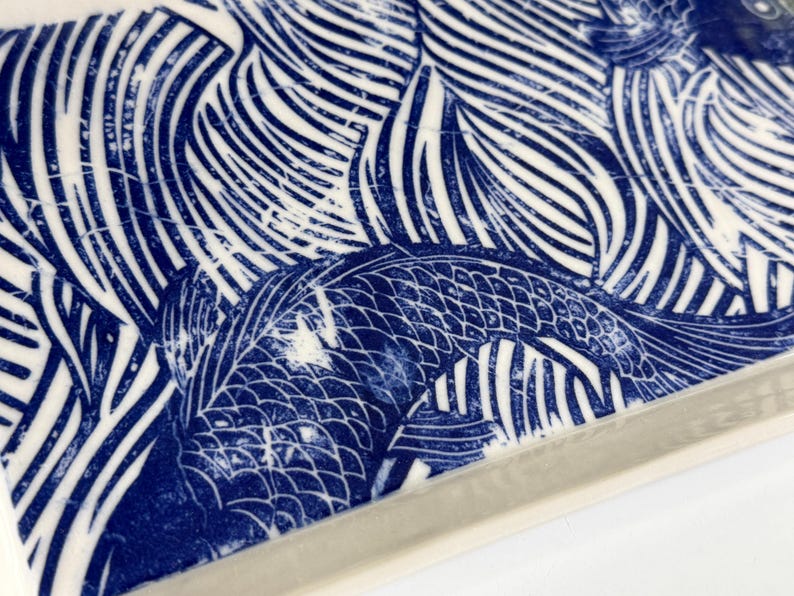 Handmade Rectangular Ceramic Serving Platter with Asian Inspired Blue Waves and Coy Design. Modern Pottery for Contemporary Entertaining immagine 5