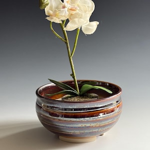 Handmade Stoneware Ceramic Flower Pot with Ridges Cosmos Solar Flare Iridescent Gold and Rainbow Crystalline Glaze Planter with Drainage