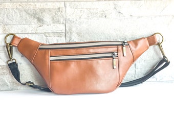 Fanny Pack, Carmel Faux Leather, Cactus Print Liner, Blush, Crossbody Bag, Leather Fanny Pack for Women