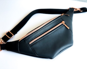 Fanny Pack, Black Faux Leather, Crossbody Bag, Holiday Gift, Gift for Mom, Rose Gold