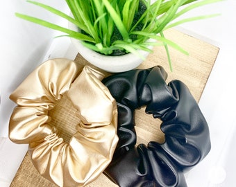 Leather Scrunchie | Faux Leather| Black Scrunchie | Gold Scrunchie