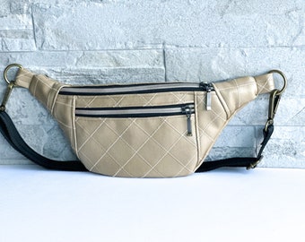 Fanny Pack, Quilted  Tan Faux Leather, Crossbody Bag, Gift for Mom,