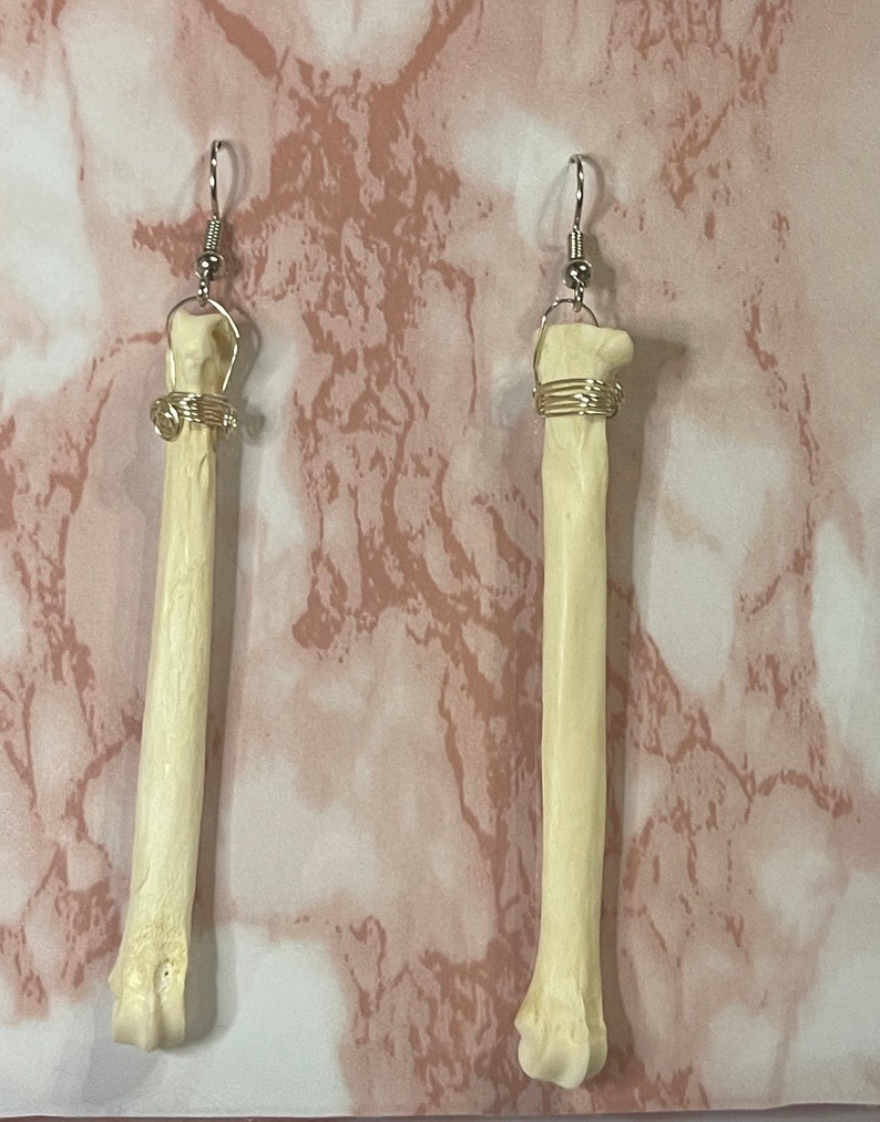 May include: A pair of bone-shaped earrings with silver wire wrapped around the top. The earrings are hanging from silver hooks.