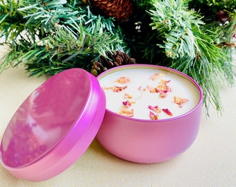 8 oz soy candle in tin | Decorative Essential Oil Candle | Eco Friendly Scented Candles | Aromatherapy Self Care Candle | Pink Candle Gift