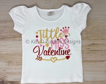 Little Miss Valentine Shirt, Girl&#39;s Valentines Day Shirt, Valentines Day Shirt, Kid&#39;s Valentine Day Shirt, Embroidered Shirt, PinkGold&Red