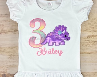 Girl Dinosaur Birthday Shirt, Girls 3rd Birthday Shirt, Personalized Shirt, Embroidered Shirt, Birthday Shirt, Dinosaur Shirt, Girl Dinosaur