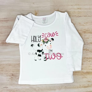 Holy Cow I&#39;m TWO Birthday Shirt, Girls&#39; 2nd Birthday Shirt, Cow 2nd Birthday Shirt, Girl Cow Birthday Shirt, Farm Themed Birthday Shirt