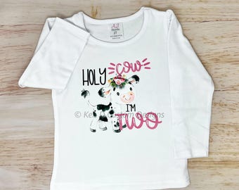 Holy Cow I'm TWO Birthday Shirt, Girls' 2nd Birthday Shirt, Cow 2nd Birthday Shirt, Girl Cow Birthday Shirt, Farm Themed Birthday Shirt