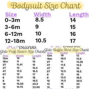 May include: A size chart for girls' puff sleeve shirts and ruffle shirts. The chart lists sizes from 0-3 months to 12 years old, with corresponding width and length measurements in inches.