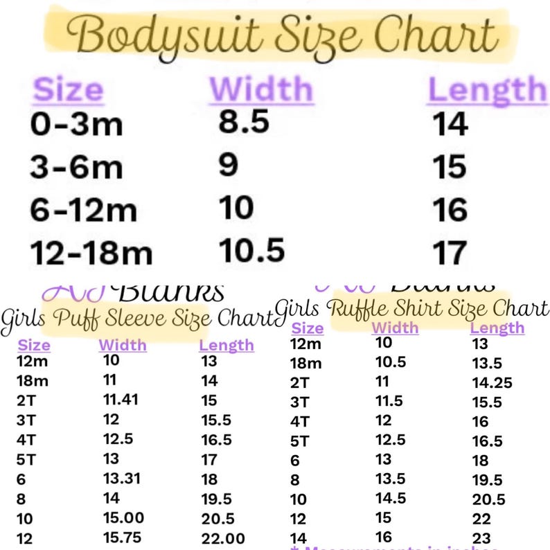 May include: A size chart for girls' puff sleeve shirts and ruffle shirts. The chart lists sizes from 0-3 months to 12 years old, with corresponding width and length measurements in inches.